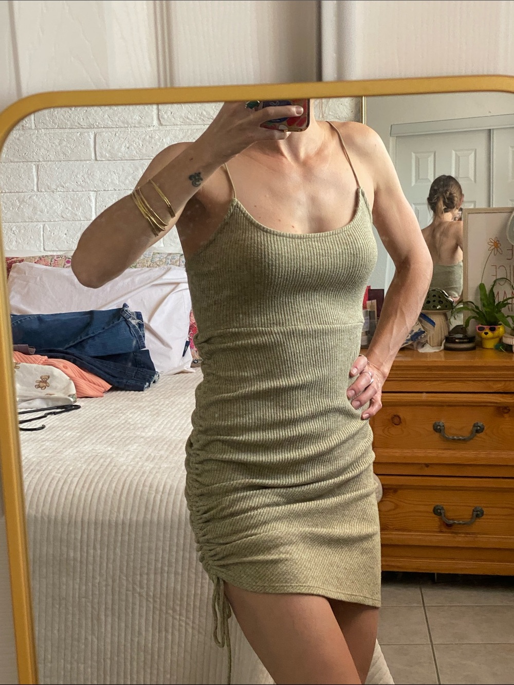 🌼 Forever 21 Beautiful Green RUCHED Knit Mini Dress